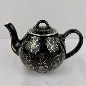 Vintage Hall 6050 6 Cup Black Gold Floral Teapot Made In USA Ceramic